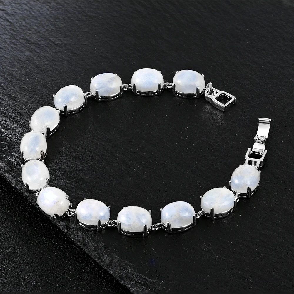 

S925 Sterling Silver Bracelet Natural Moonstone Moonlight Stone Bracelet 18cm Gemstone Tennis Bangle Jewelry Anniversary Gift