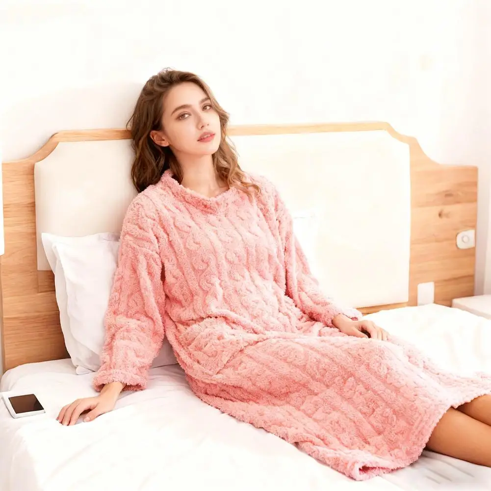 Winter Warm homewear Long Sleeve Double Pocket Flannel Nightgowns Women Loose Solid Sleepwear Jacquard Night Dress Thickened