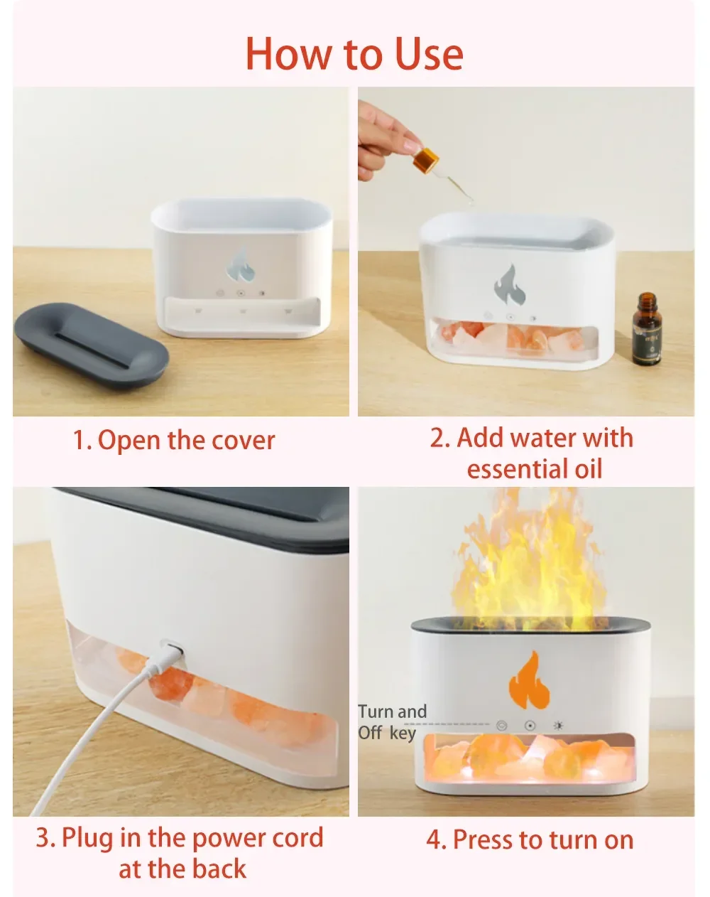7 Farben Flammen aroma Vulkan Luftbe feuchter ätherisches Öl Diffusor für zu Hause neue Kamin Luftbe feuchter Kristall Salz Stein Feuer Lampe – Detail 8