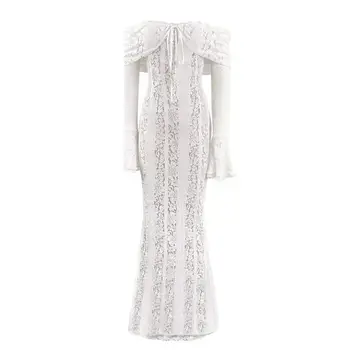 Suninheart 白色露肩秋季修身洋裝 2025 長袖優雅蕾絲長洋裝 婚禮賓客禮服 8 最佳銷售 高級連身裙 - №8