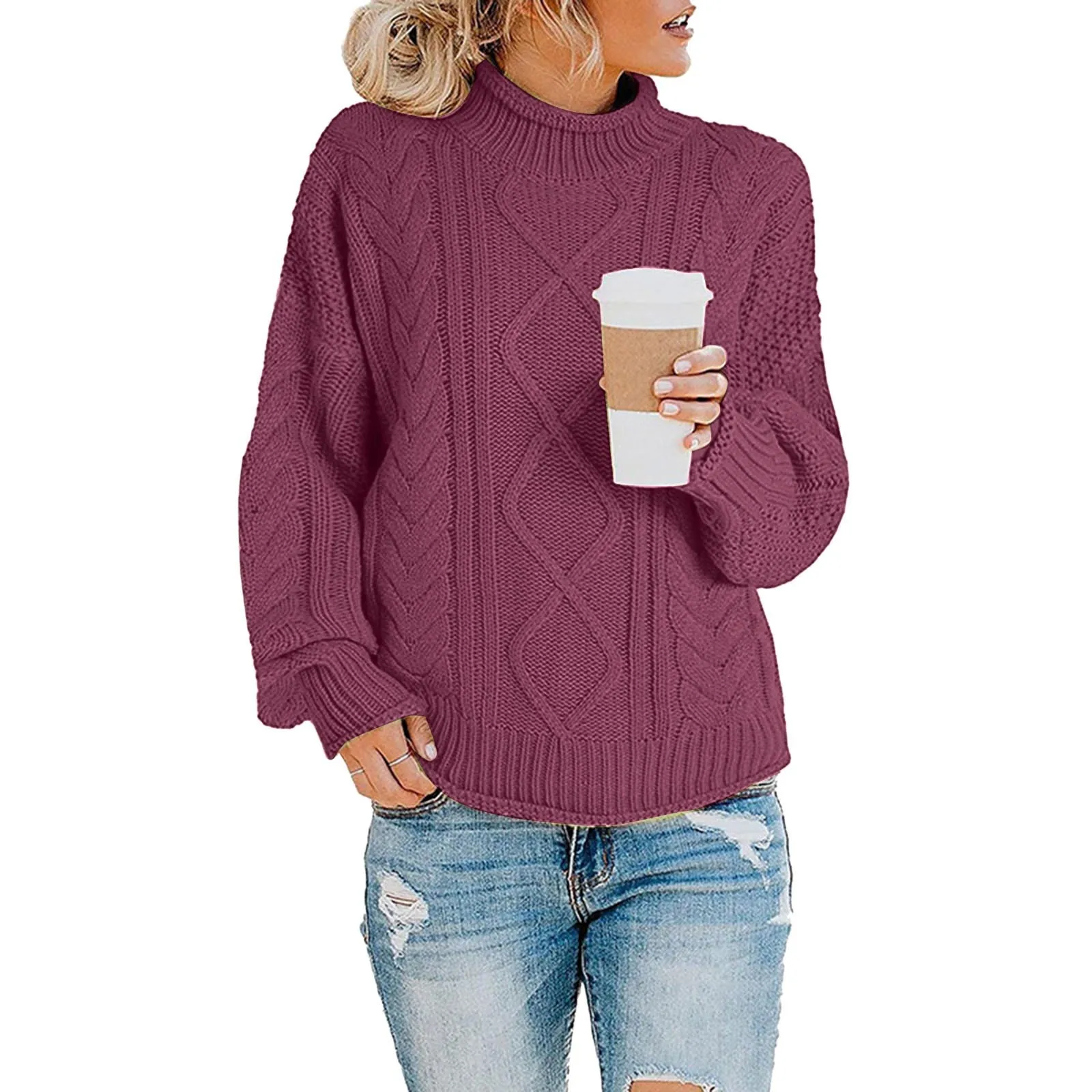 Women'S Solid Color Turtleneck Knitted Pullover Sweater Lantern Sleeve Thread Fashion Comfort Warm Pullover Casual Simple Top