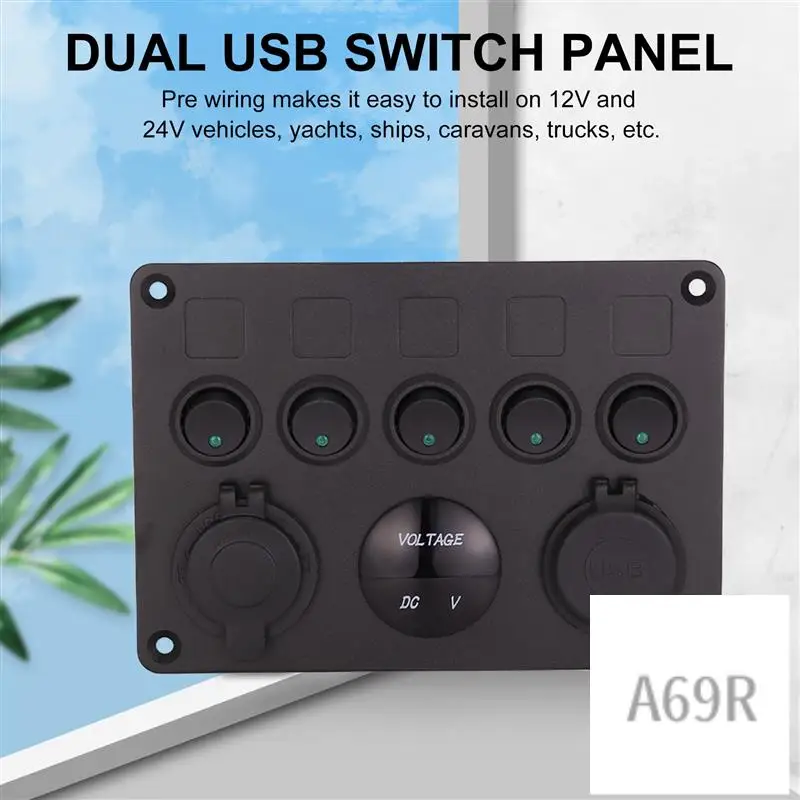 

A69R-5 Gang 12V/24V Inline-Fuse Box LED Switch Panel Dual USB Car Boat Truck Camper