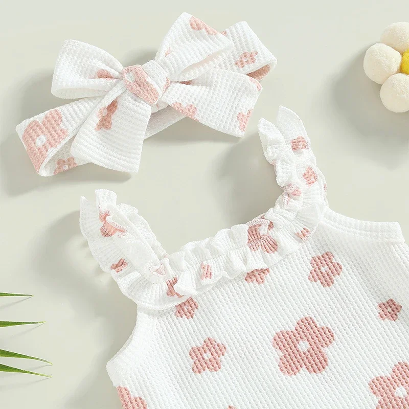 Conjunto de 3 peças de roupas de verão para bebês meninas de 0 a 18 meses, macacão floral sem mangas + shorts + faixa de cabeça