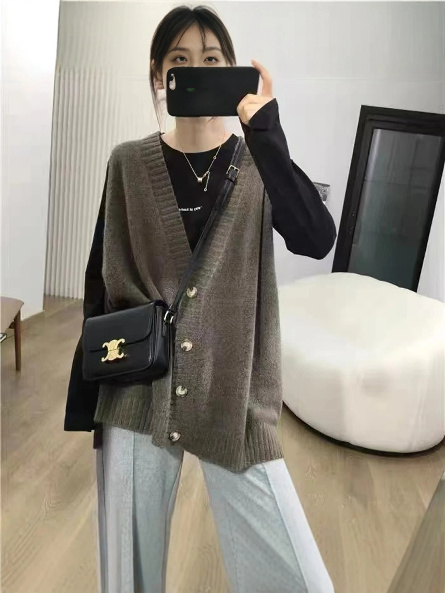 Gray Mid-Length V-Neck Knitted Vest Loose Lazy Style Sweater Open Cardigan Top for Women plus Size Casual Wear to Work