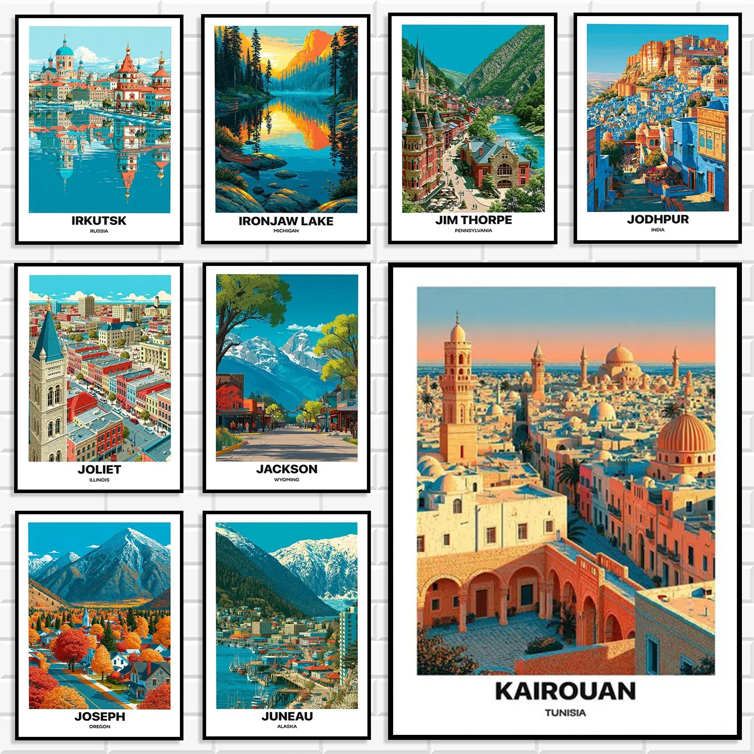 Bright Color Retro Global Travel Canvas Painting Europe Asia Africa City Landmark Wall Poster For Apartment Office Home Decor