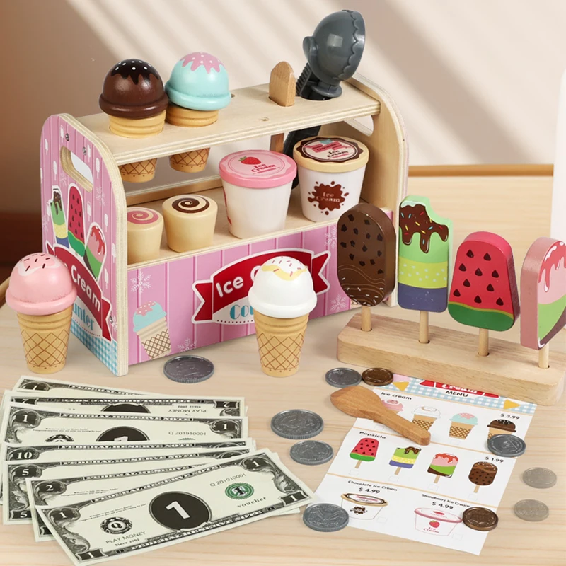 アイスクリームカートおもちゃセット - アイスクリームコーン、アイスクリームスクープ、トッピングが含まれています - ごっこ遊びパーティーゲームに最適なギフト