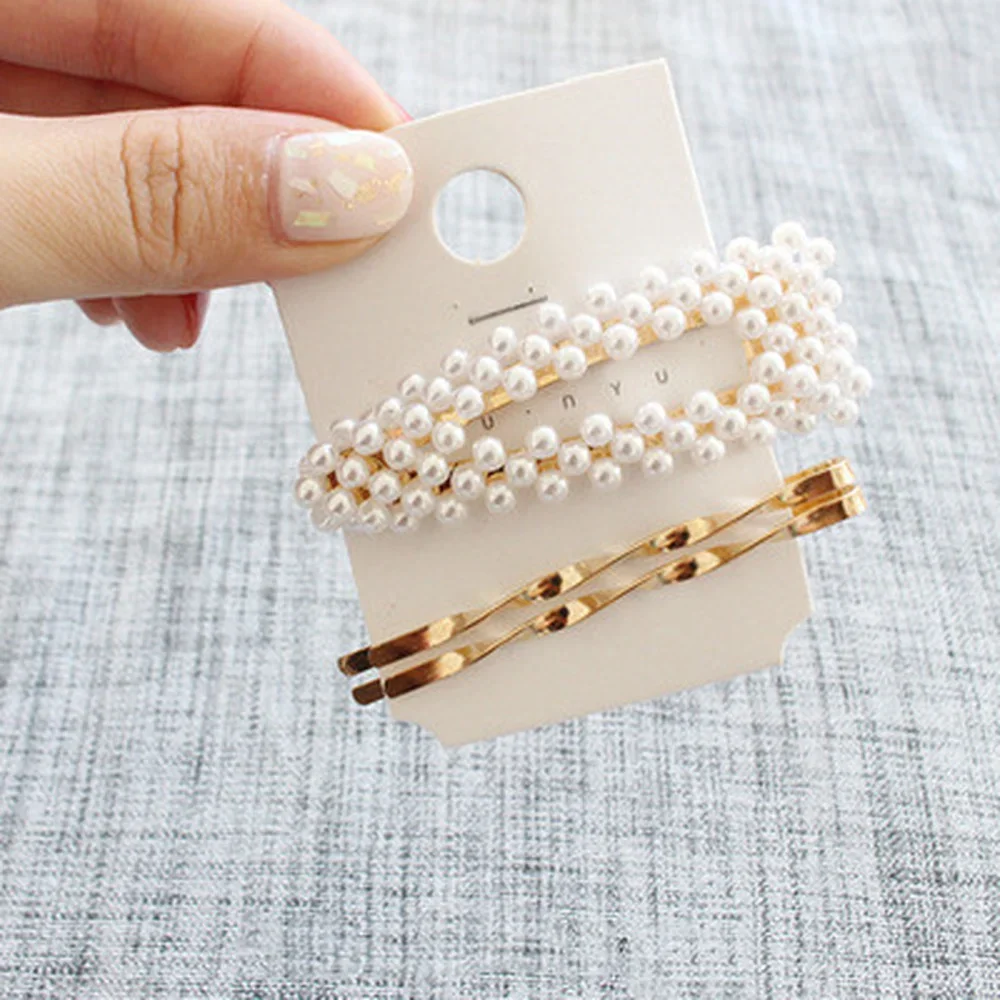 3pcs Korean Fashion Hairpin for Women Fashion Simple Sweet Bangs Hair Clip Metal Pearl BB Clip Geometric Girl Hair Accessories