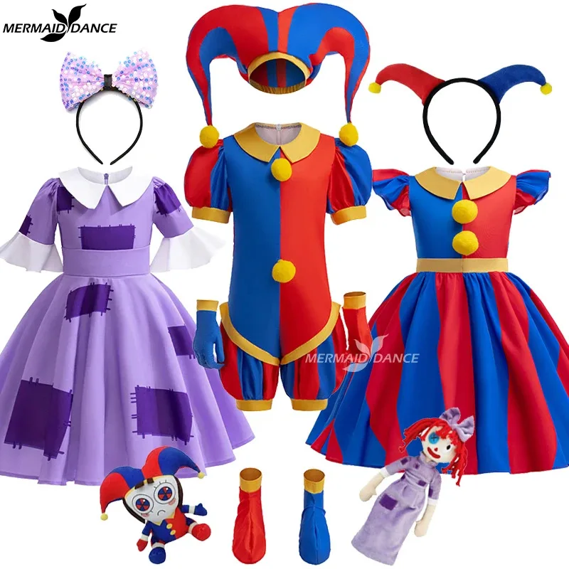 

l2025l Halloween Halloween Amazing Girl Digital Circus Pomni Cosplay Costume Disguise Joker Headwear Dolls Carnival Fancy Red Bl