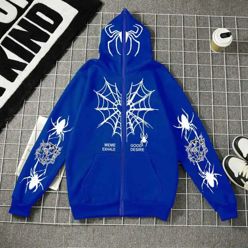 Goth Y2k Embroidery Spider Zip Up Hoodie Streetwear Women Clothes Harajuku Long Sleeve Anime Oversize Hoodie Men Women