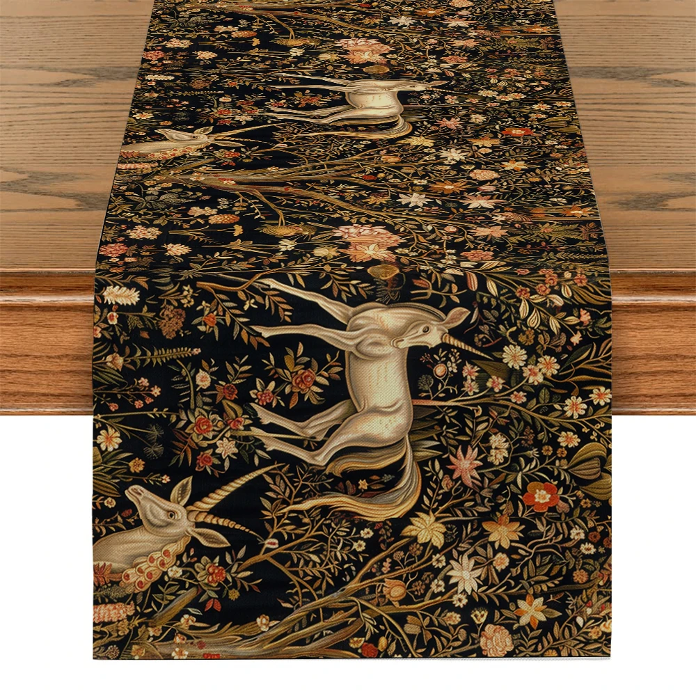 Flower Unicorn Midnight Table Runner Polyester Table Runners for Dining Room Cottagecore Polyester Table