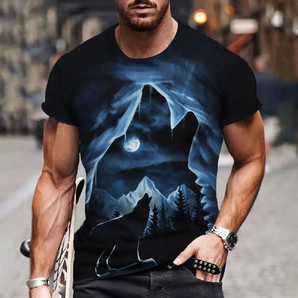 Camiseta de lobo de manga curta masculina, top 3D com estampa animal, camiseta casual de rua, roupas vintage, 2022