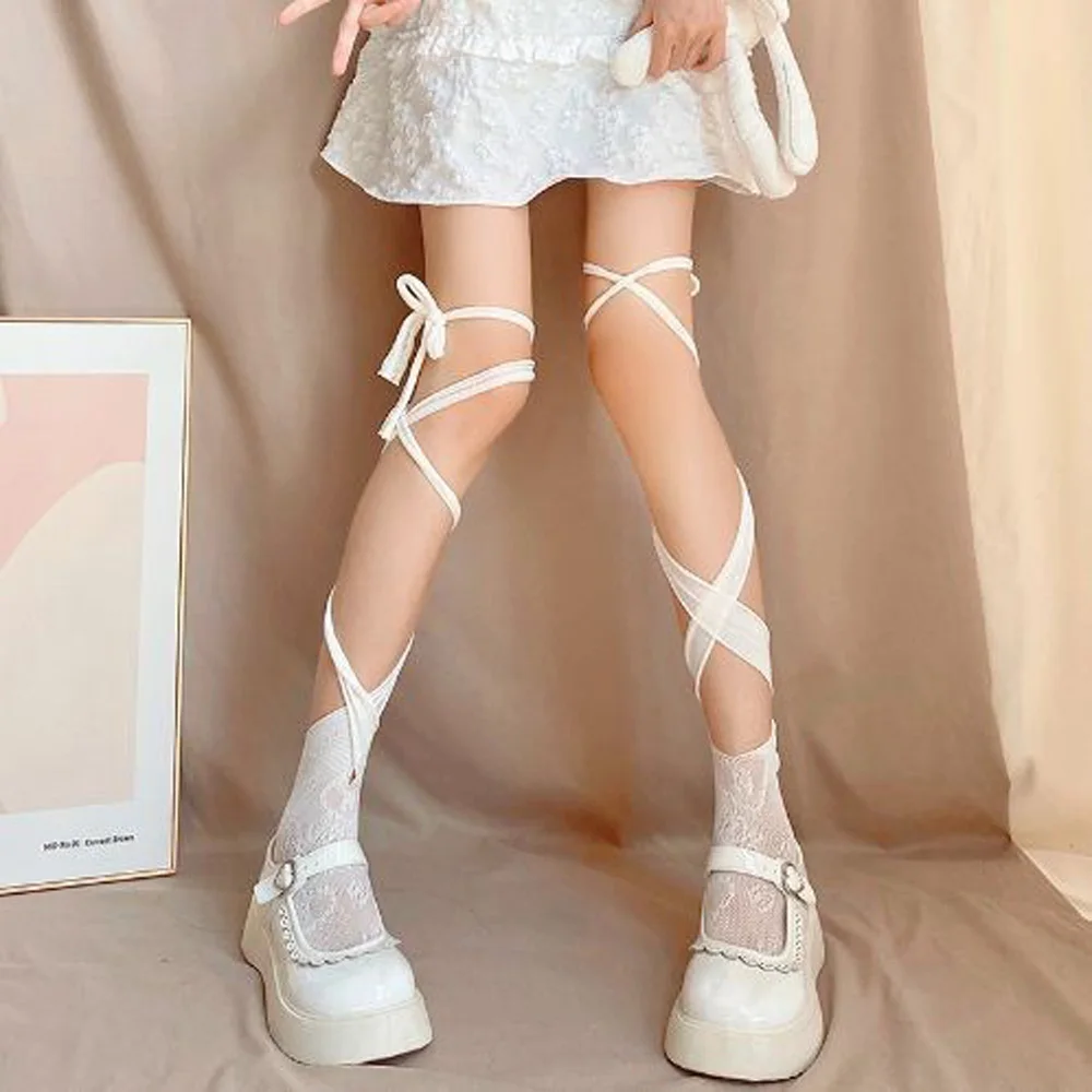 Harajuku Middle Tube Split Toe Socks Calf Sock Female Summer Black White Cross Straps Tube JK Lolita Skirt College Socks