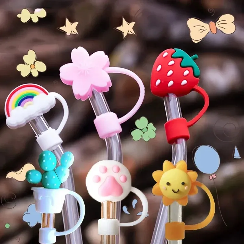 cute animal silicone straw toppers, reusable anti-dust straw caps, universal drinking cup straw accessories