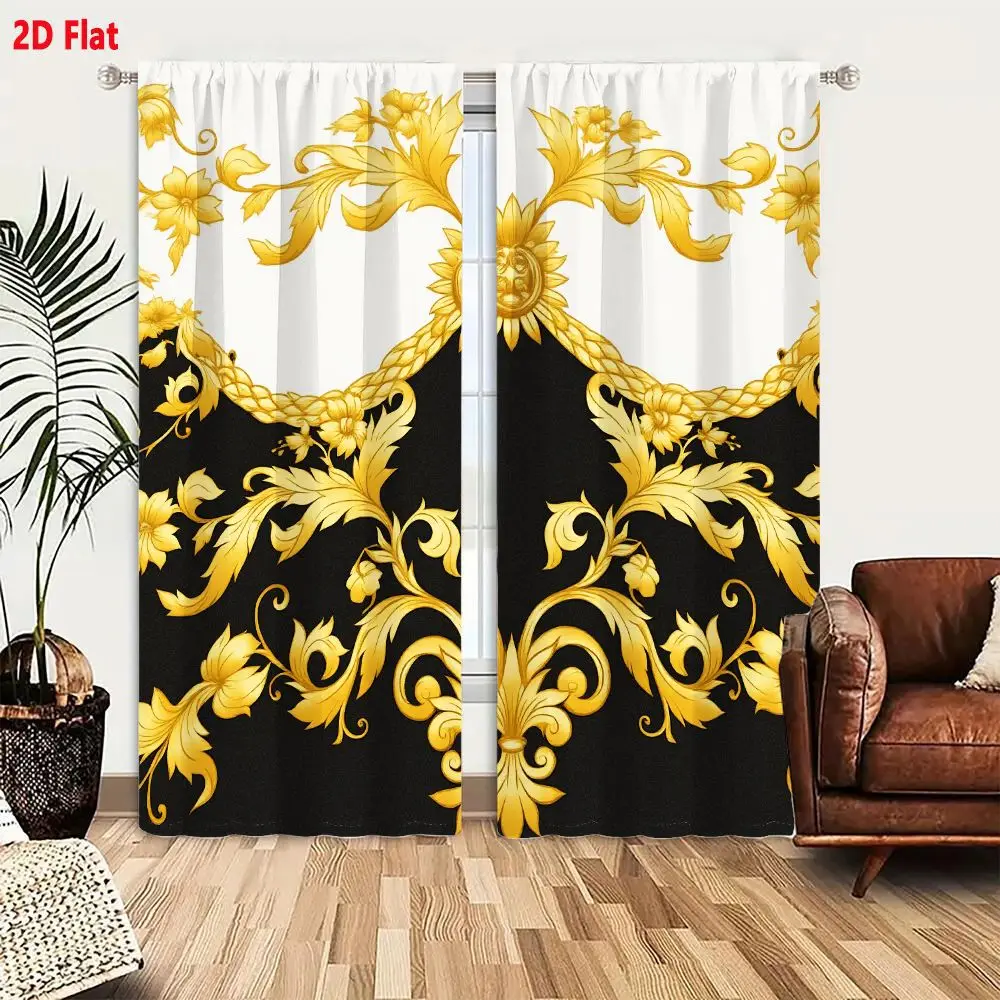 2Pcs Curtains Add 2D Flat Baroque Sun Motif Ornate Golden Pattern On Black And Cream Background Window Drapes for Bedroom Room D