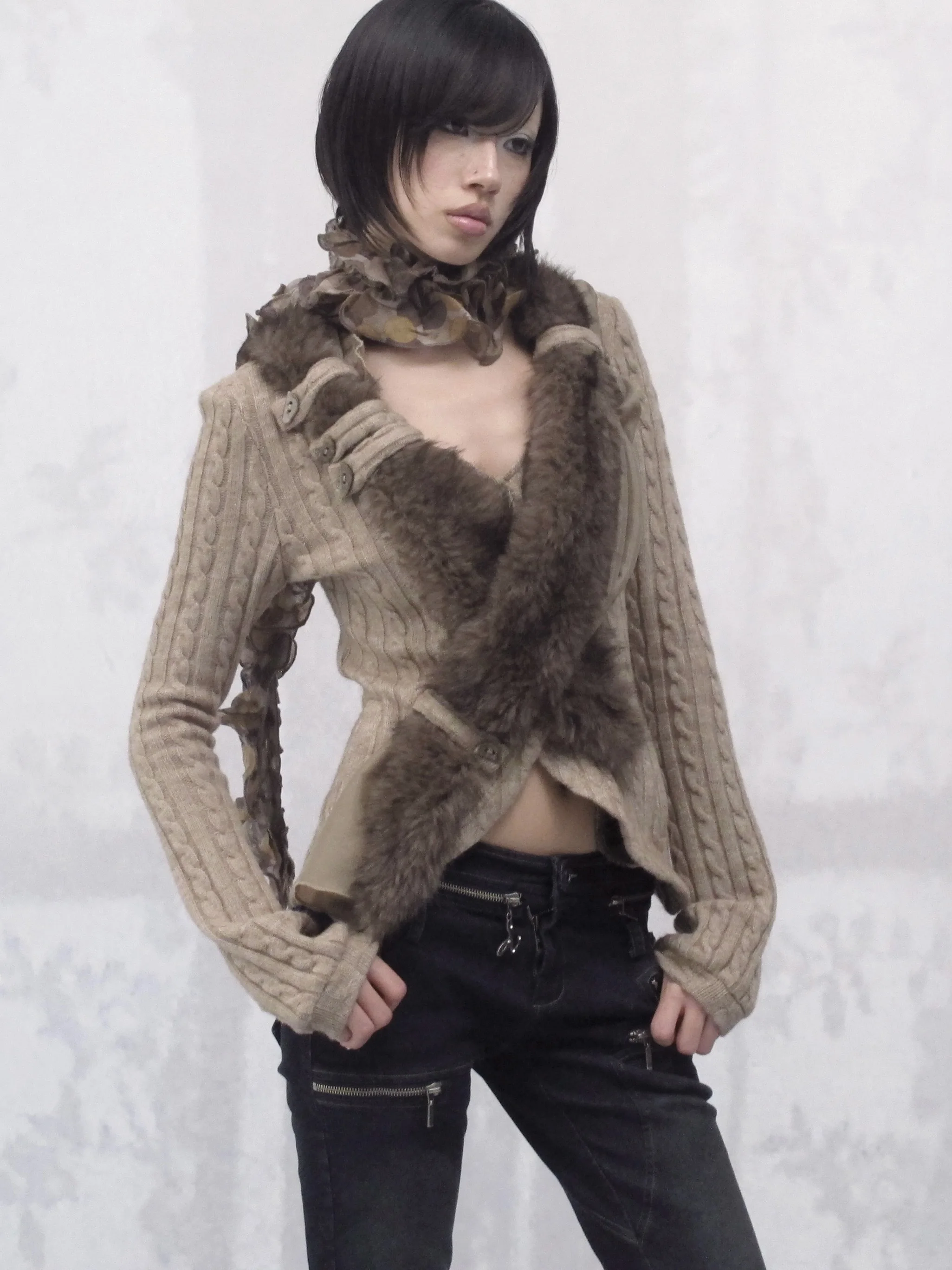 

Элегантный асимметричный кардиган с 3D-воротником из искусственного меха, эластичный, приталенный, вязаный, женский, с длинными рукавами, зимний, модный