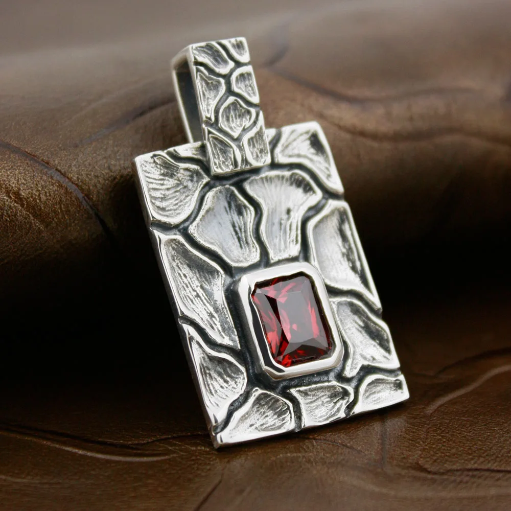 Square Stripe Red CZ 925 Sterling Silver Pendant 8X006