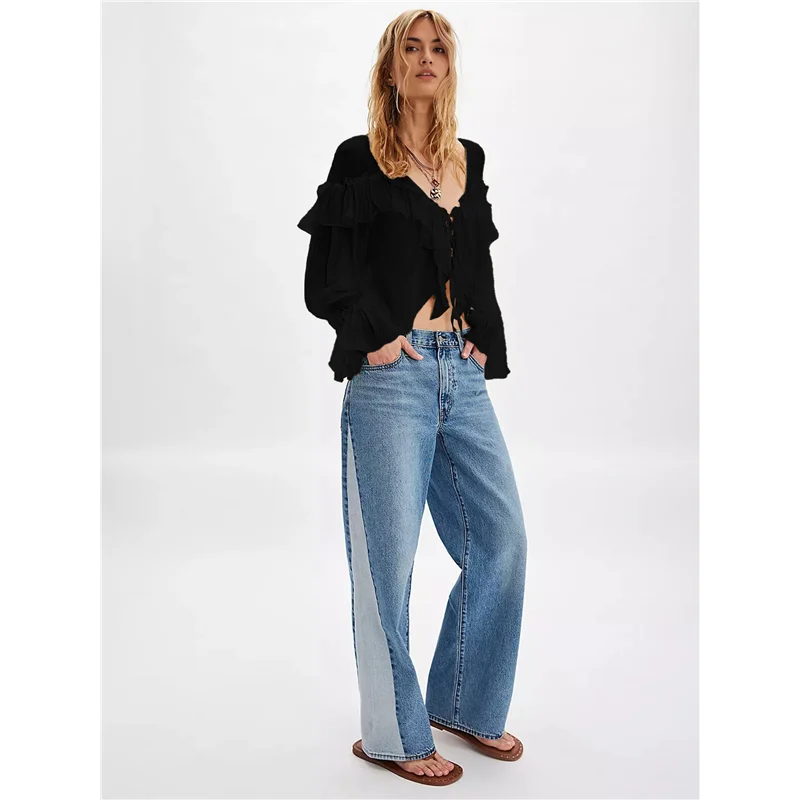 ASDS-Top fluido con lazo frontal para mujer, camisa de gasa con ribete de encaje peplum de manga larga, blusa de playa bohemia con volantes y cuello en V transparente