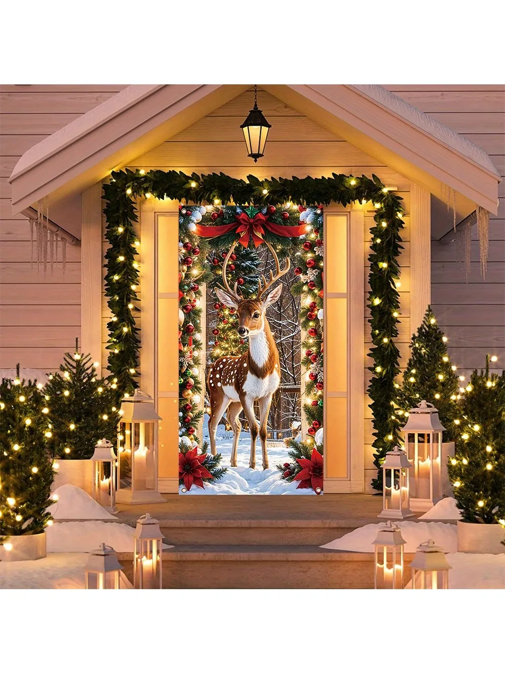 Merry Christmas Porch Banner-Winter snow with Sika deer pattern, indoor and outdoor holiday decorations, suitable for front door
