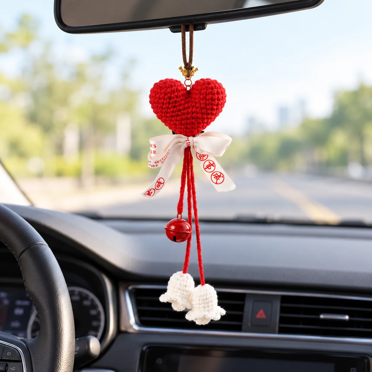 Crochet Apple and Heart Wind Chime Car Charm, Star Bell Bow Wall and Door Hanging Decor