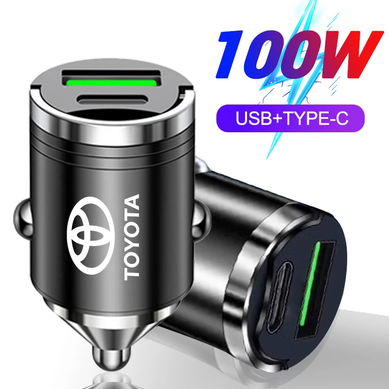 Cargador de coche USB + tipo C de 100W, Mini cargador de coche con anillo de tracción de carga rápida para Toyota Chr Rav4 Yaris Prius Avensis Corolla Camry Auris