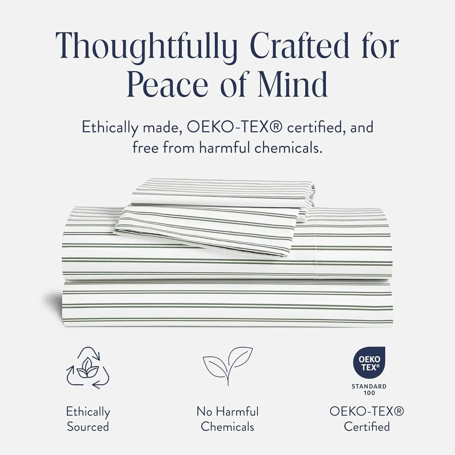 Queen 4-Piece 100% Cotton Sateen Sheet Set - Green Tandem Stripe, Oeko-TEX Certified Luxury Bedding, Includes 1 Fitted Sheet