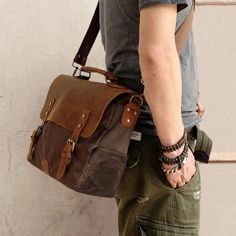 British Style Canvas Shoulder Bag Men's Retro Leather Crossbody Bag Messenger Handbag Soft Handle Biker Trend