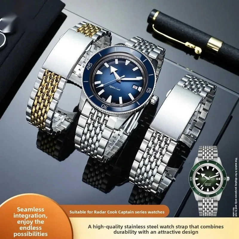 Stainless Steel Watch Band for Rado Captain Cook Heritage 42mm 7-Link Curved End Bracelet Silver Two-Tone Gold 21mm