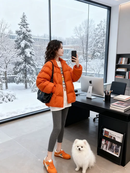 

Новая утепленная хлопковая куртка на молнии оранжевого цвета в корейском стиле для осени-зимы 2025 года, свободного кроя, для повседневной носки