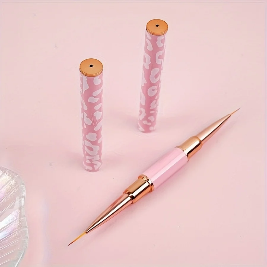 مجموعة فرش فنية احترافية مكونة من 5 قطع مع مقابض معدنية مزدوجة الأطراف - فرش أظافر بطبعة الفهد باللونين الوردي والأبيض مع دائري #3