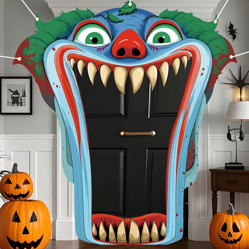 Gran Pancarta de Puerta de Halloween con Diseño de Payaso, Decoración de Puerta con Cuchilla Ensangrentada y Sonrisa Espeluznante para Decoraciones de Fiesta