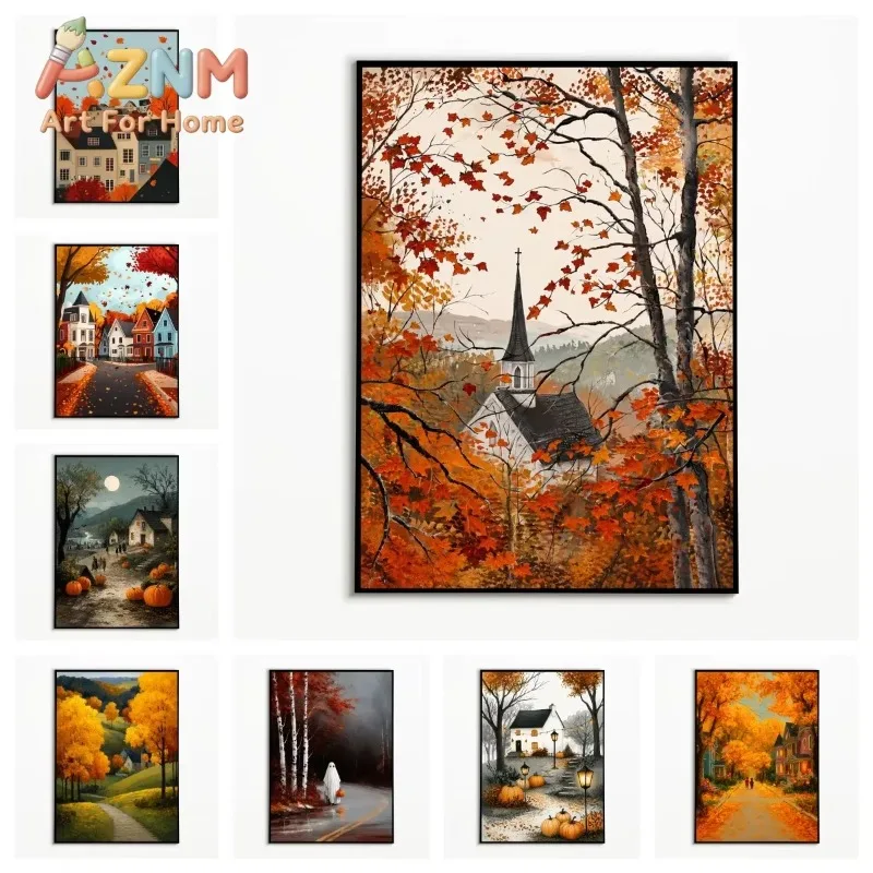 1PC Fall Vintage Wall Art Autumn Church Village Posters Halloween Canvas Painting Home Decor Room Wall Decor Gallery Wall Prints
