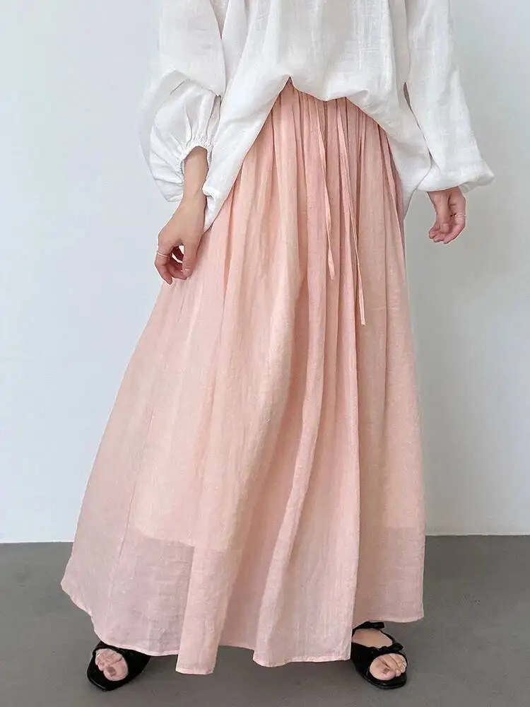 

High Elastic Waist Blue Thin Elegant Linen A-line Half-body Skirt Women Fashion Tide New Spring Autumn