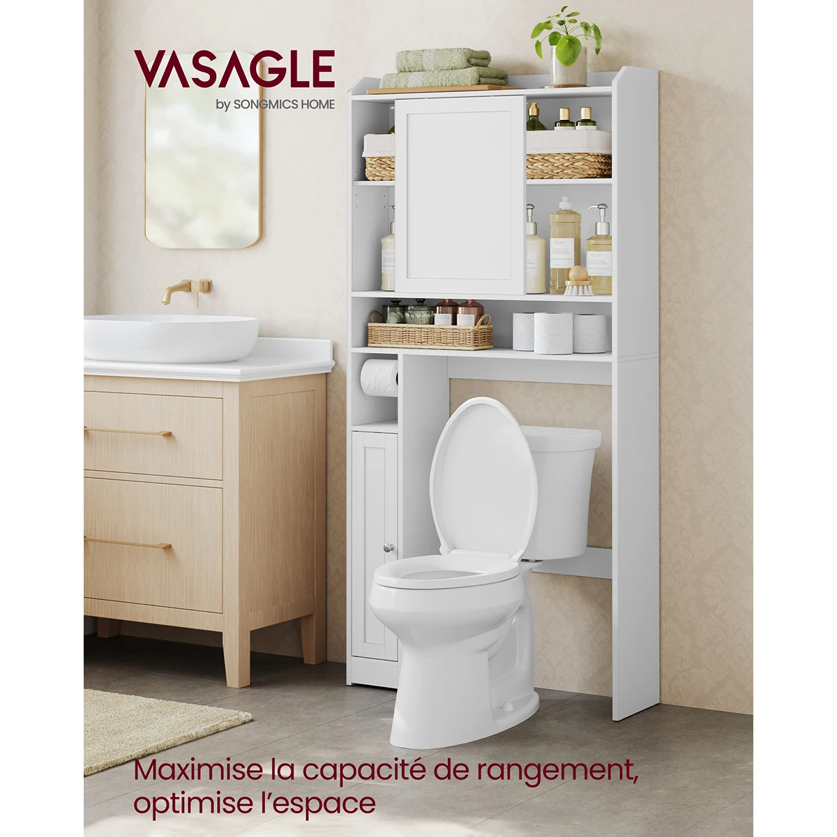 Meuble WC, Étagère Toilettes, Porte Coulissante, Étagères Ajustables, Économie d’Espace, 25 x 83 x 170 cm, Blanc Nuage