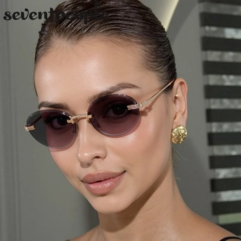 

Y2K Small Frame Oval Sunglasses Women 2025 Luxury Brand Vintage Metal Rimless Sun Glasses For Ladies Trendy Frameless Shades