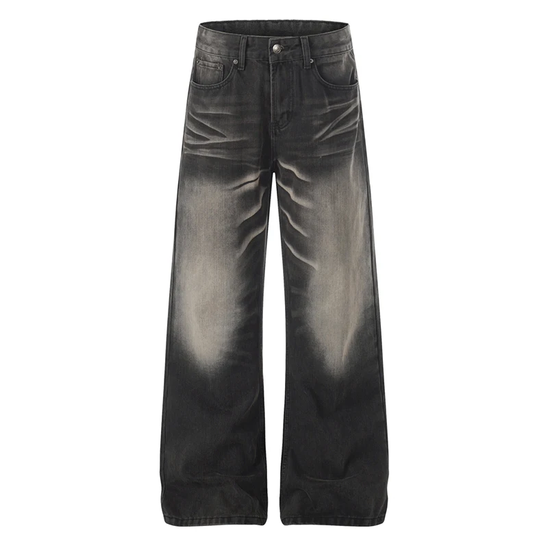 

Мужские джинсы с градиентным эффектом, винтажные, черные, с эффектом потертости, в американском стиле, свободные, прямые, повседневные, шикарные, из денима, длинные брюки