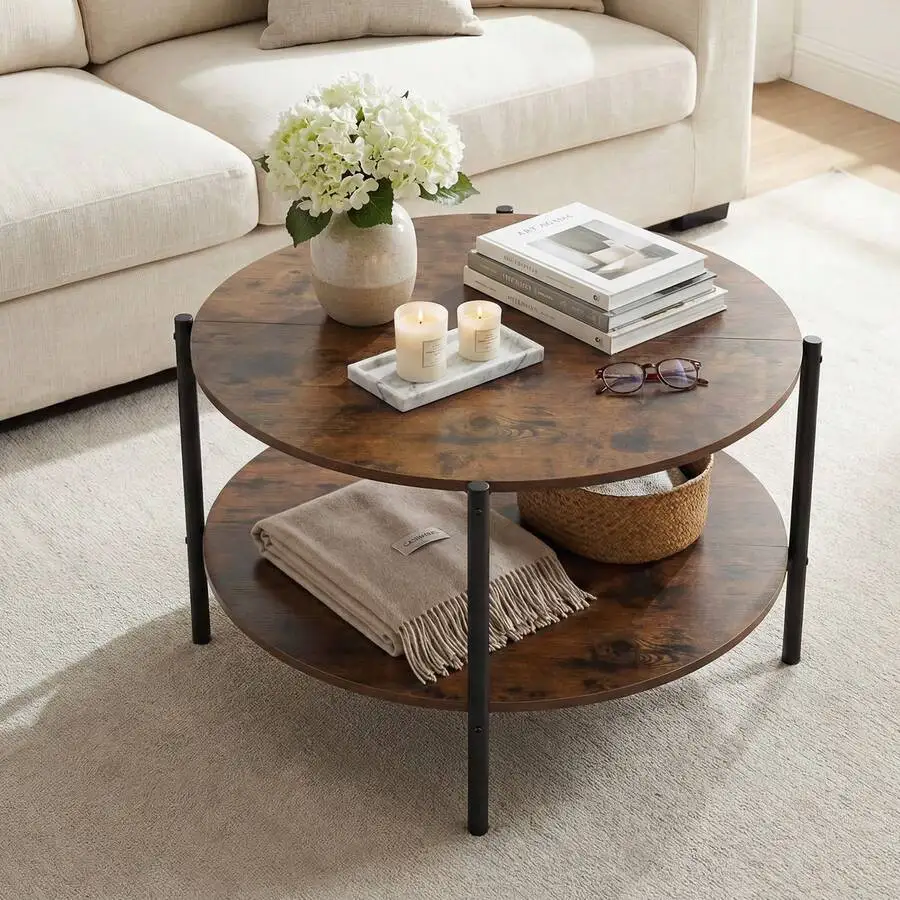 Round Coffee Table Open Storage Shelf Circle Cocktail Table For Living Rooms