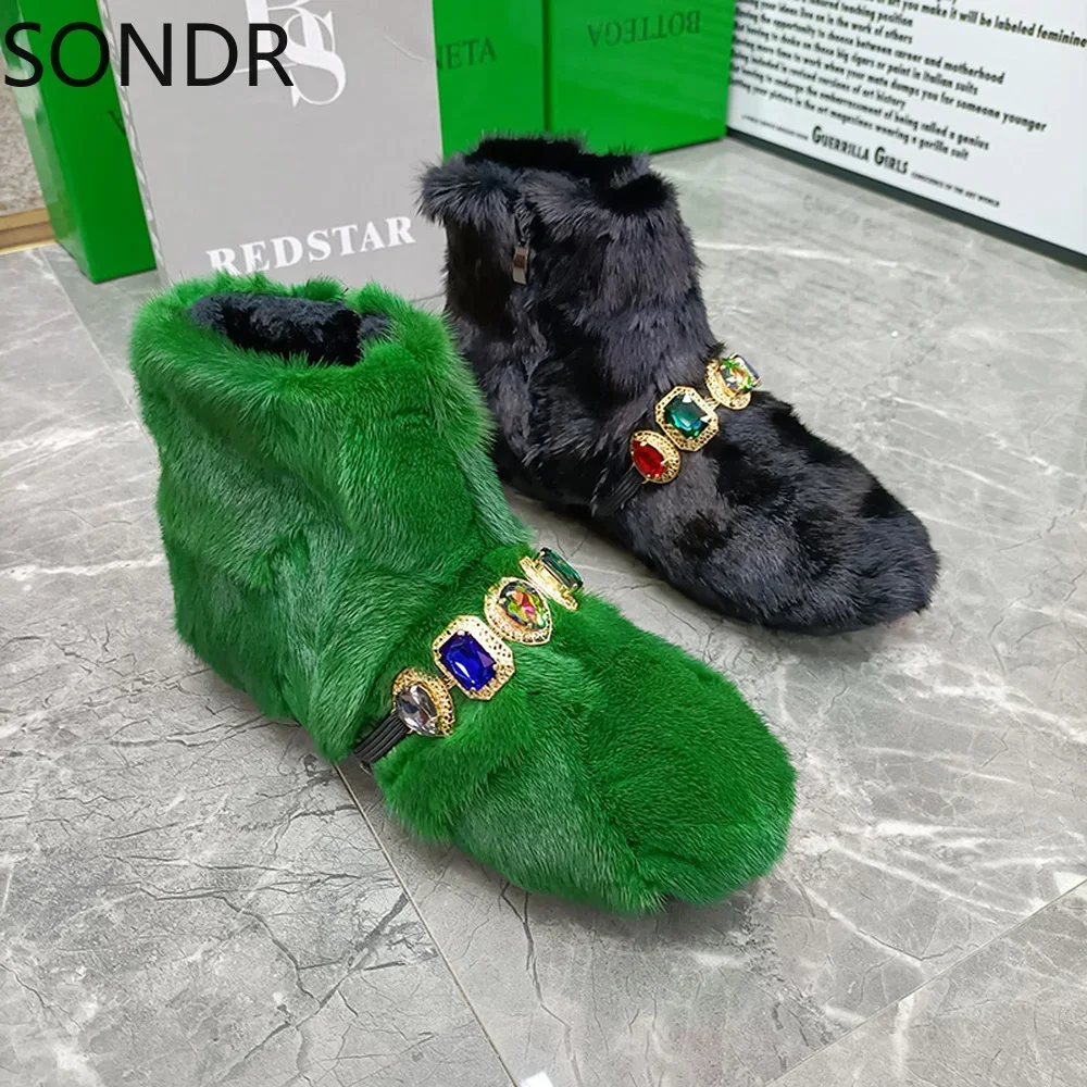 Womens Round Toe Rainbow Diamond Real Mink Fur Ankle Boots Snow Warm Winter Shoes Crystal Thick Furry 7Colors Luxury New 2024