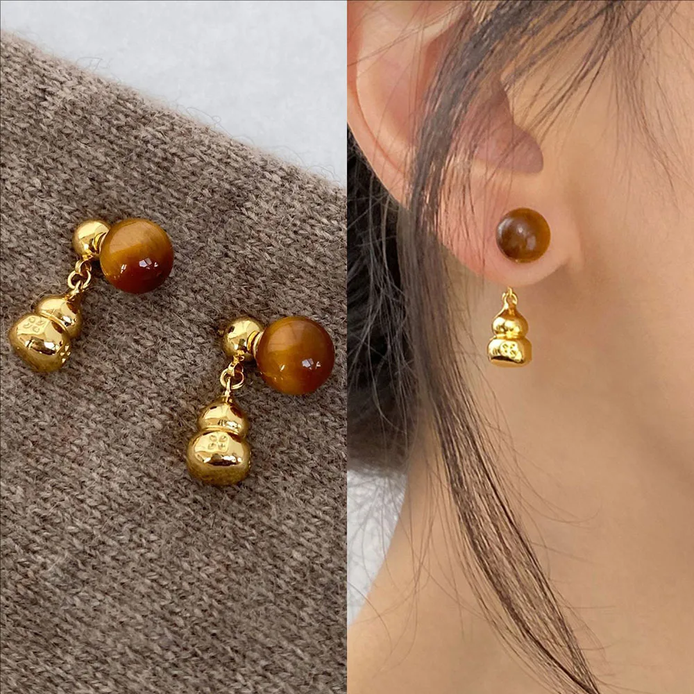 

Silvery Needle Tiger's Eye Stone Geometric Gourd Double-ear Earrings New Light Luxury and High-end Jewelry