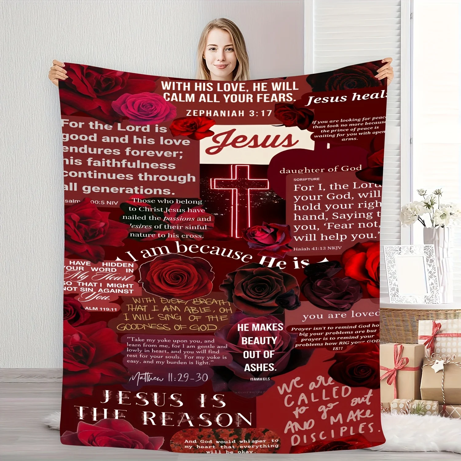 

1 Comfortable Black and Red Rose Christian Faith Themed Flannel Blanket with Patterned Prints, Stylish, Soft, Warm, All Seasons