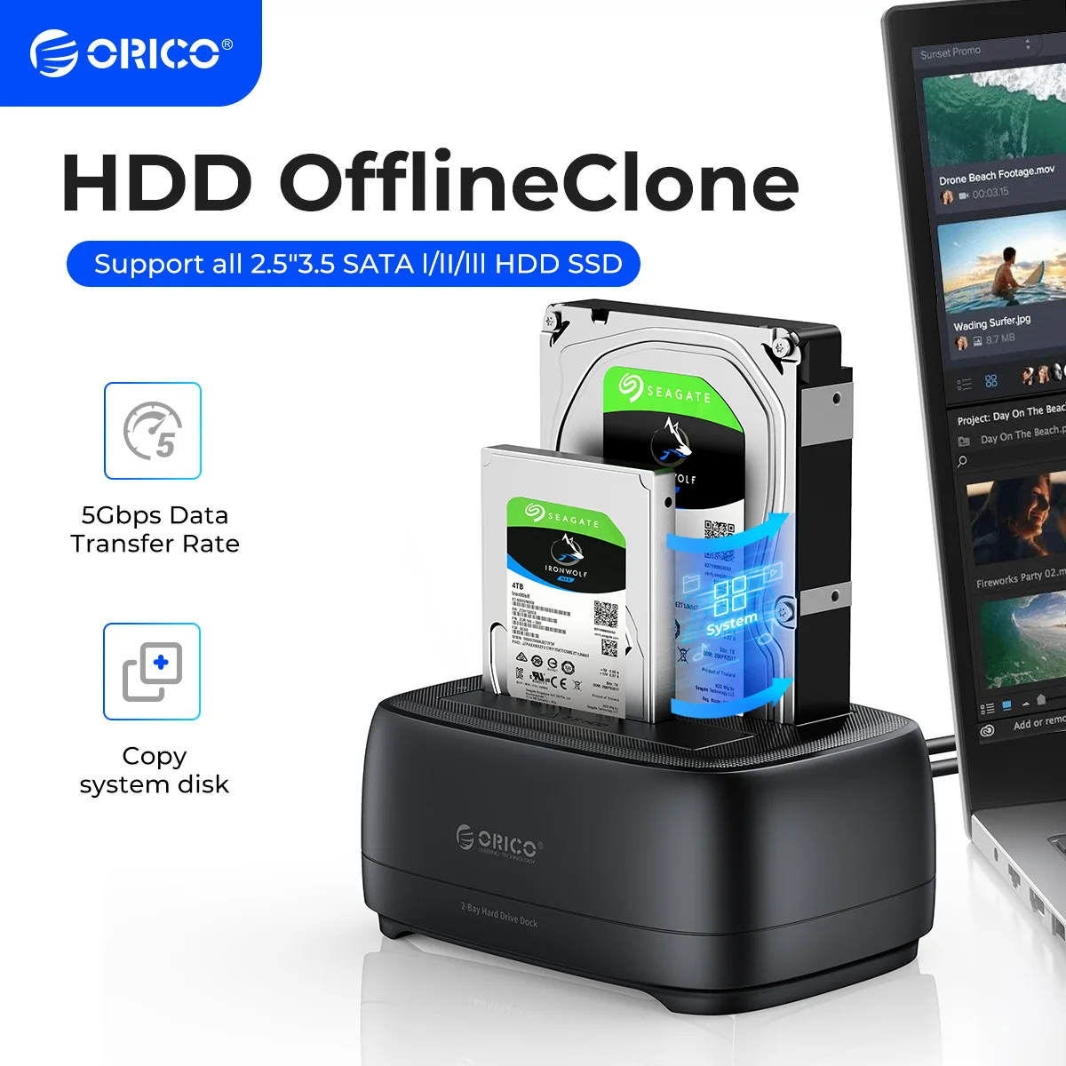 ORICO Offline Clone Hard Drive Docking Station USB3.0 & Type-C 5Gbps Dual-bay Hard Disk Enclosure 2.5/3.5 Inch HDD/SSD