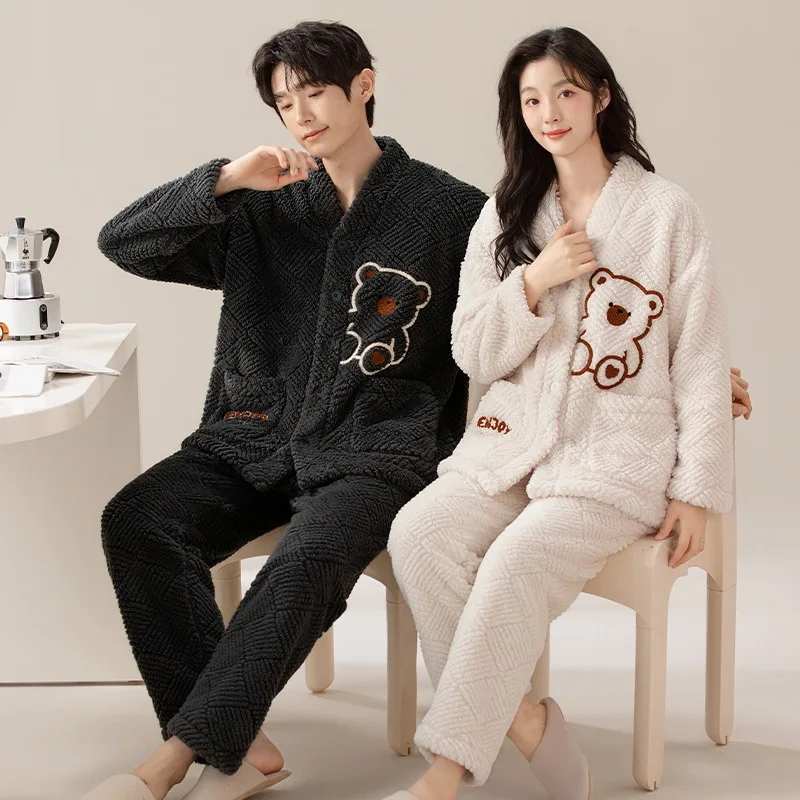 Winter Flannel Pajamas Set Women and Men Matching Pijamas Set Kimono Sleepwear For Lovers Cardigan Couples Nightwear Loungewear