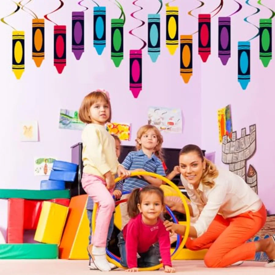 52 Pcs Back to School Crayon Hanging Swirls Decorations, No DIY, Back To School Swirls Crayon Classroom Decor, Welcome Back To