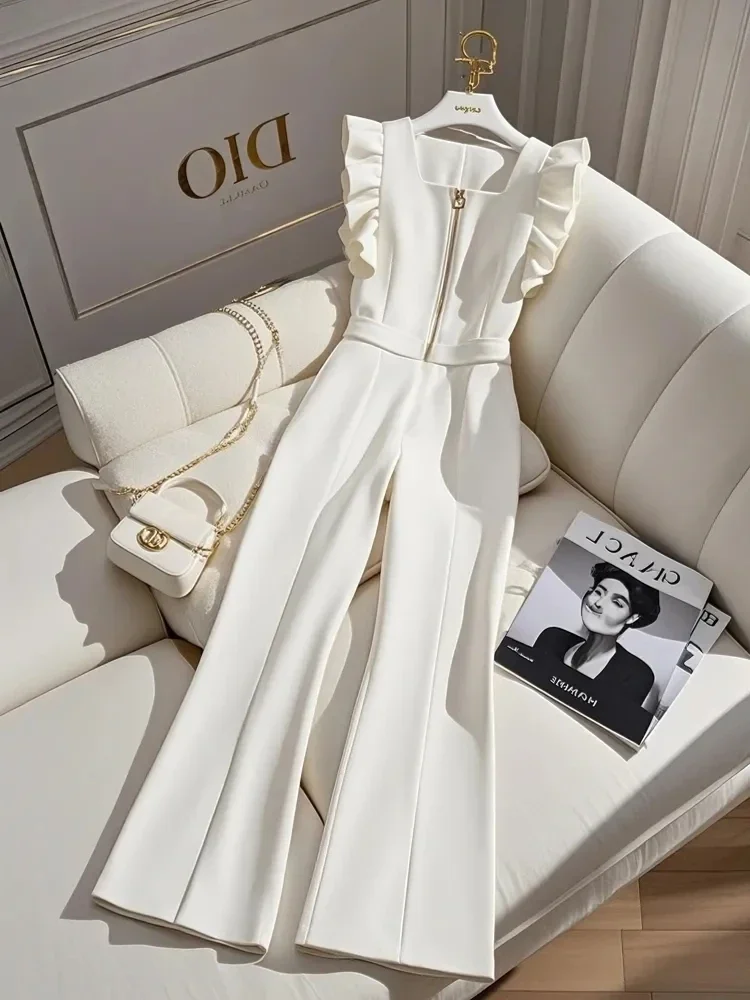 Women's autumn high waisted pleated wide leg jumpsuit with camisole, Korean women's slim fit elegant temperament pants