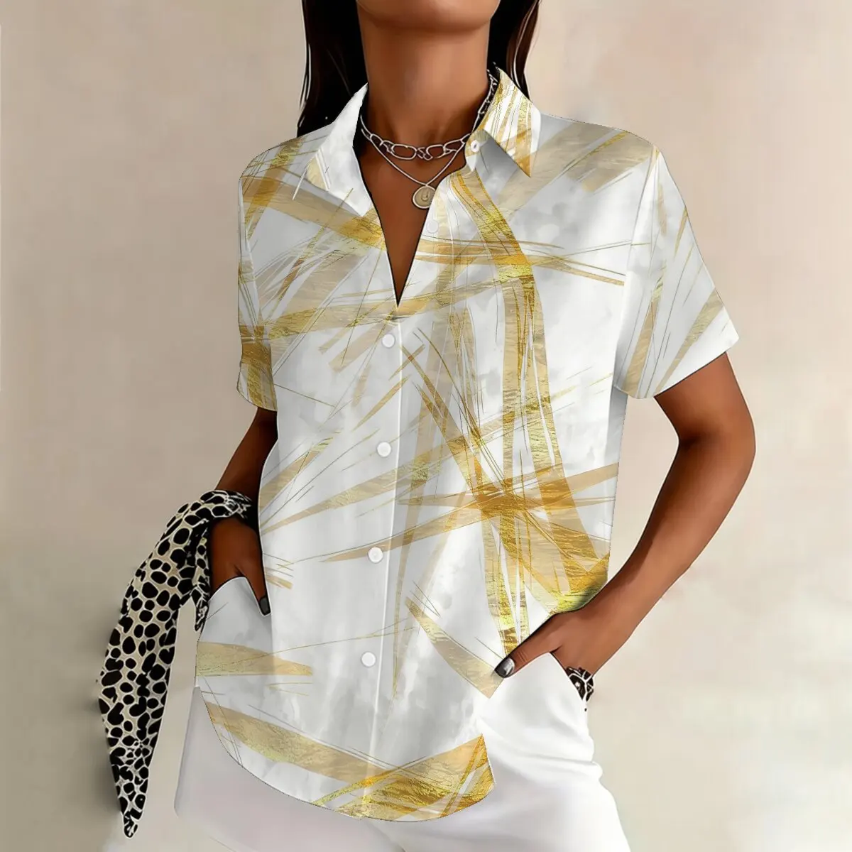 

Simple and personalized ink dyed line print summer women's plus size lapel short sleeved shirt fashionable versatile top