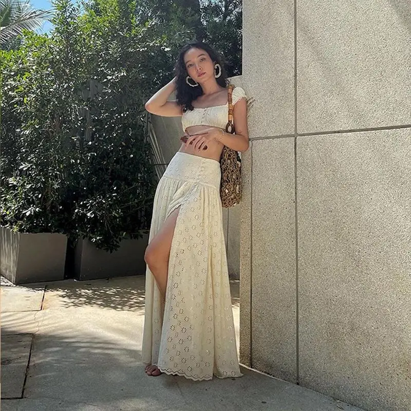 

French Holiday Sexy Pleated Waist Tube Top Suspender Vest Female Summer Fairy Wind Split Long Skirt Suit