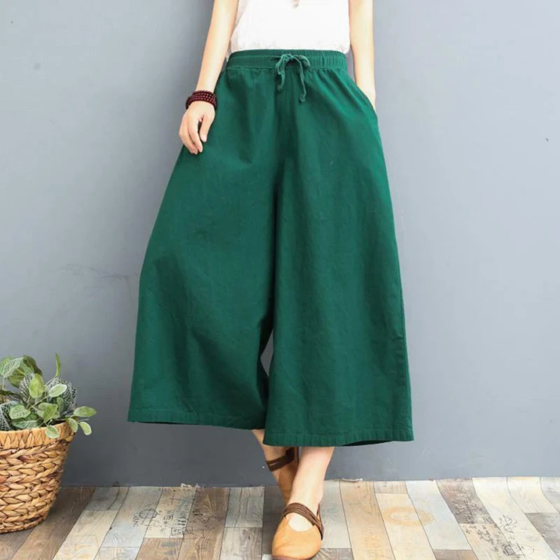 Cotton Linen Wide Leg Summer Pants Women Plus Size Loose Casual Pants Vintage Thin Nine Points Culottes Pants Free Shipping Item