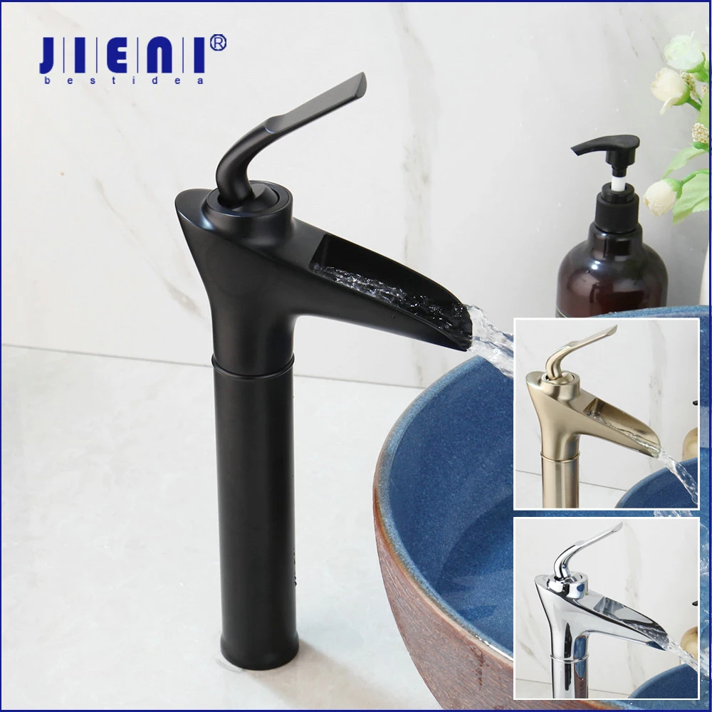 

JIENI Brushed Gold Bathroom Basin Sink Mixer Tap Black & Chrome Brass 1 Handle Vessel Sink Mixer Faucet Waterfall Wash Basin Tap