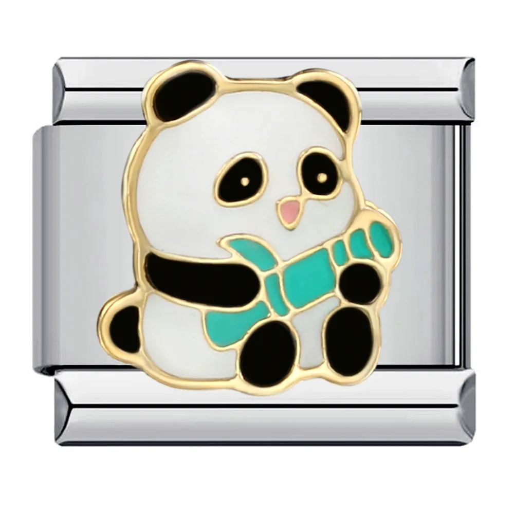Modische, süße Y2k bunte glasierte Panda-Charms, italienische Glieder, 9mm Armbänder, Armreifen, Edelstahl, DIY Schmuckherstellung – Detail 4
