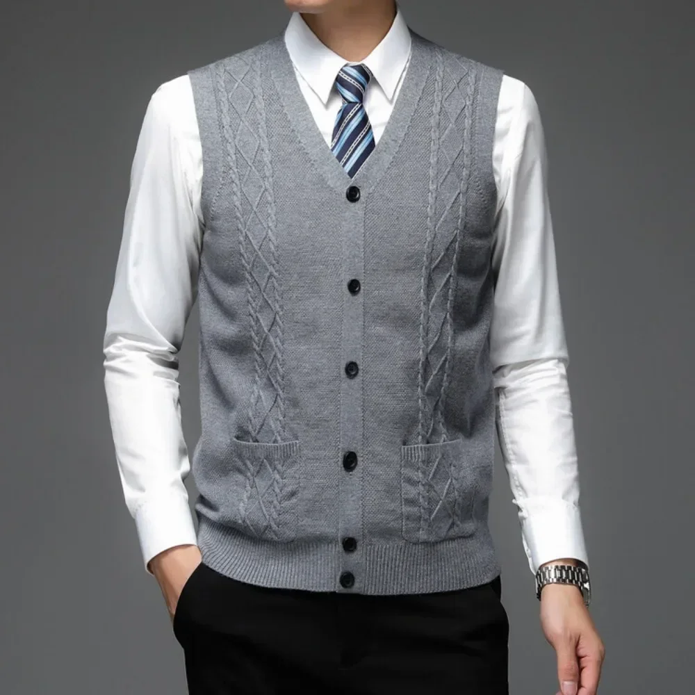 Trend  Men's Business Casual Pullover Wear Warm Sleeveless  Velvet Knitted Sweater Vest Tops