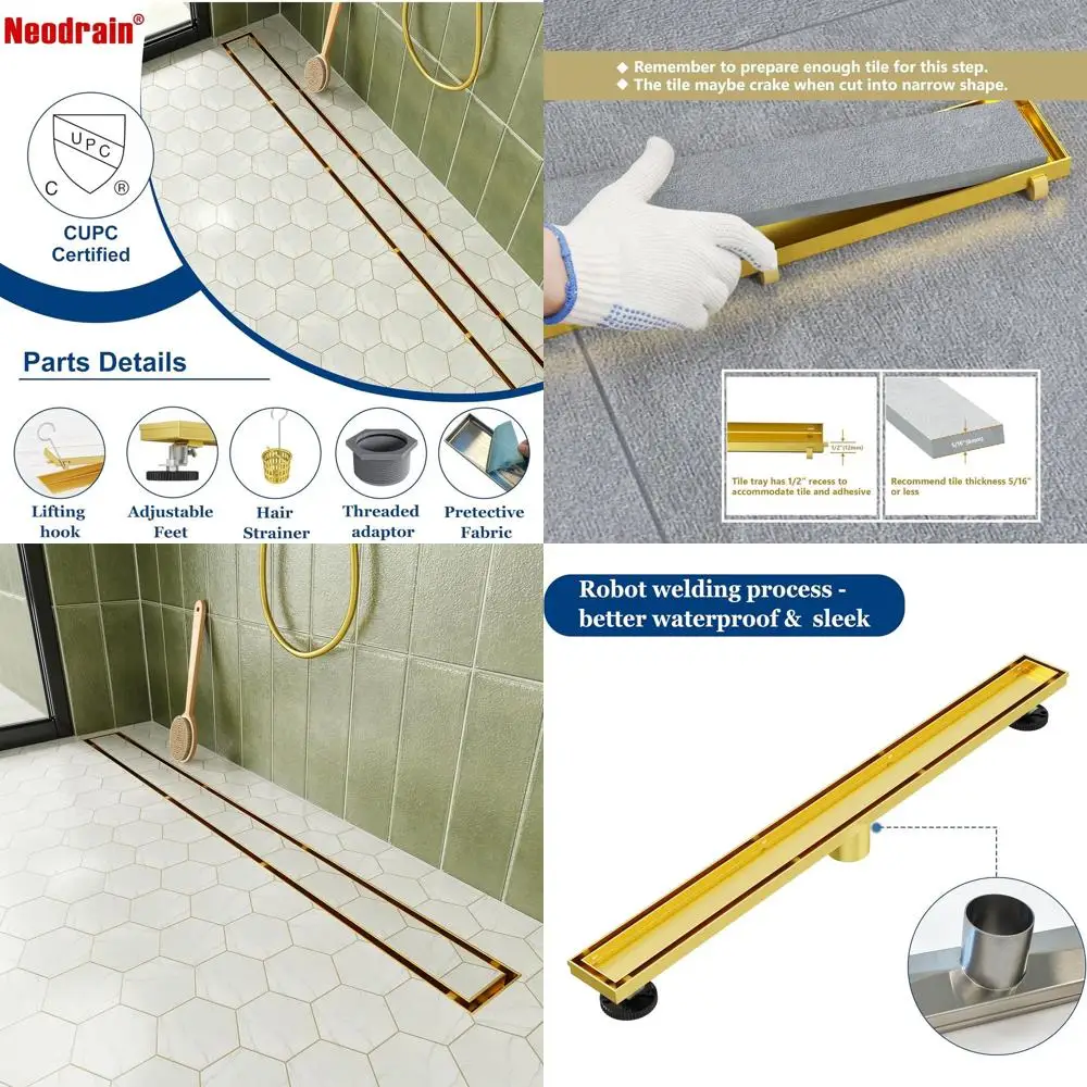 

30 Gold Linear Shower Drain with Tile Insert, Stainless Steel, Leveling Feet, Hair Strainer, CUPC Certified